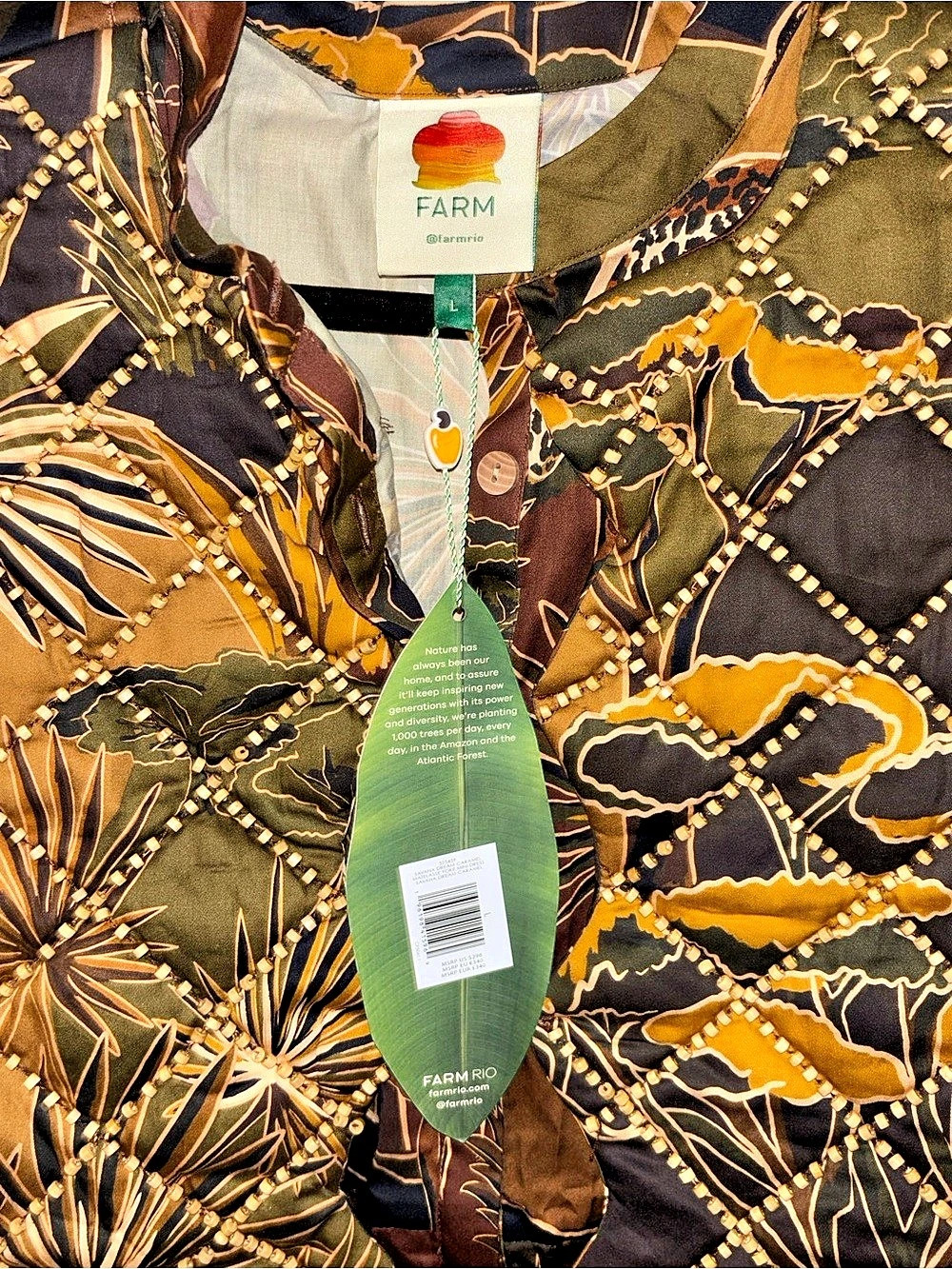 FARM Rio Savana Dream Matelassé Yoke Mini Dress L Safari Boho Tropical - Picture 4 of 6